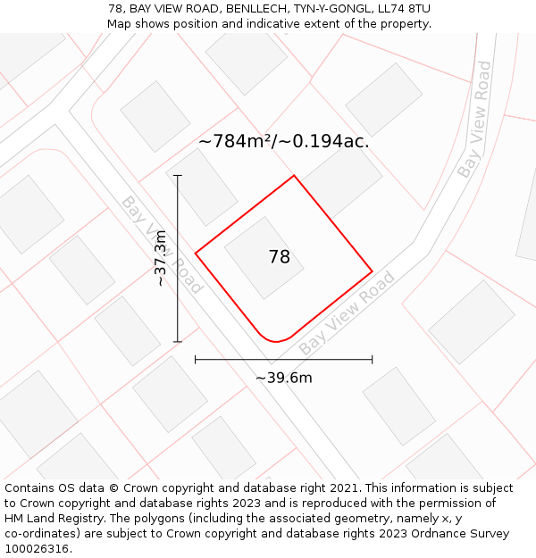 78, BAY VIEW ROAD, BENLLECH, TYN-Y-GONGL, LL74 8TU: Plot and title map