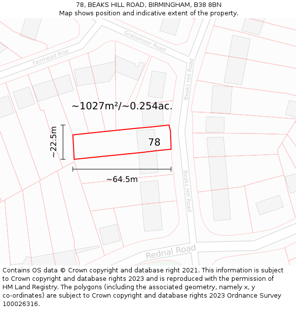 78, BEAKS HILL ROAD, BIRMINGHAM, B38 8BN: Plot and title map