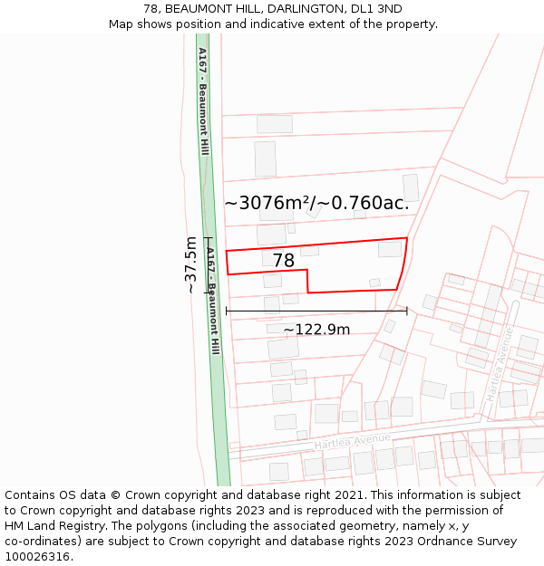 78, BEAUMONT HILL, DARLINGTON, DL1 3ND: Plot and title map