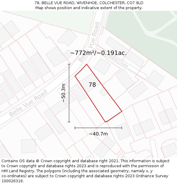 78, BELLE VUE ROAD, WIVENHOE, COLCHESTER, CO7 9LD: Plot and title map