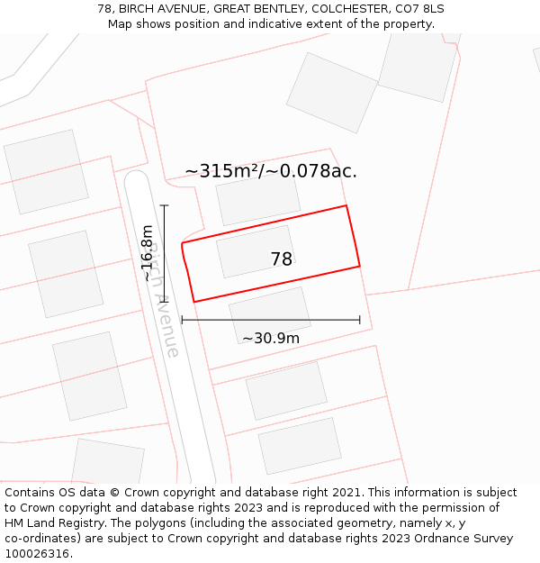 78, BIRCH AVENUE, GREAT BENTLEY, COLCHESTER, CO7 8LS: Plot and title map