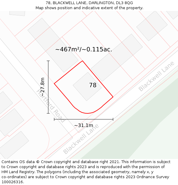 78, BLACKWELL LANE, DARLINGTON, DL3 8QG: Plot and title map