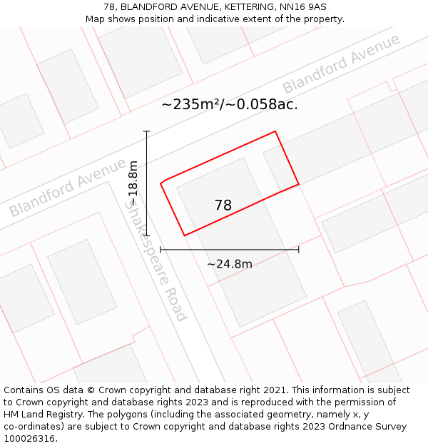 78, BLANDFORD AVENUE, KETTERING, NN16 9AS: Plot and title map