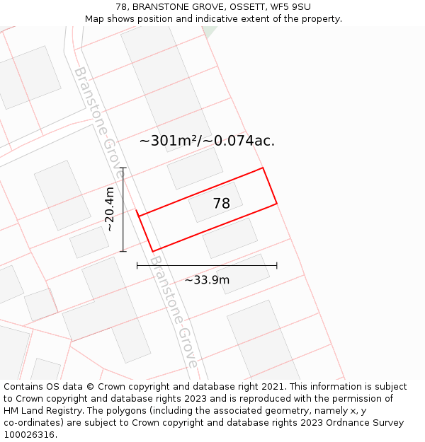 78, BRANSTONE GROVE, OSSETT, WF5 9SU: Plot and title map