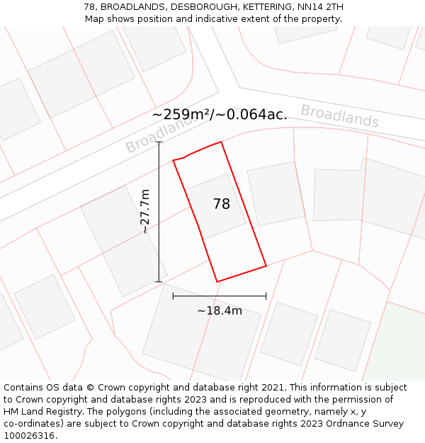 78, BROADLANDS, DESBOROUGH, KETTERING, NN14 2TH: Plot and title map