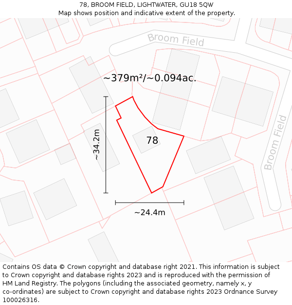 78, BROOM FIELD, LIGHTWATER, GU18 5QW: Plot and title map