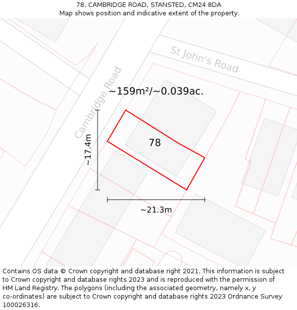 78, CAMBRIDGE ROAD, STANSTED, CM24 8DA: Plot and title map