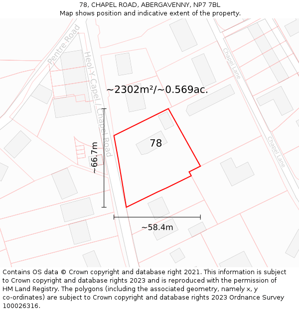 78, CHAPEL ROAD, ABERGAVENNY, NP7 7BL: Plot and title map