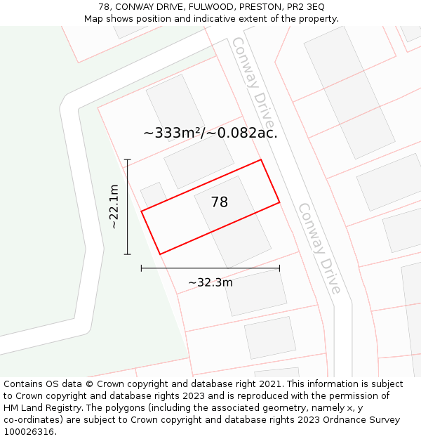 78, CONWAY DRIVE, FULWOOD, PRESTON, PR2 3EQ: Plot and title map