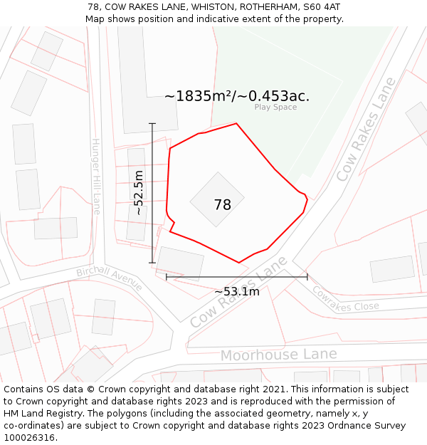 78, COW RAKES LANE, WHISTON, ROTHERHAM, S60 4AT: Plot and title map