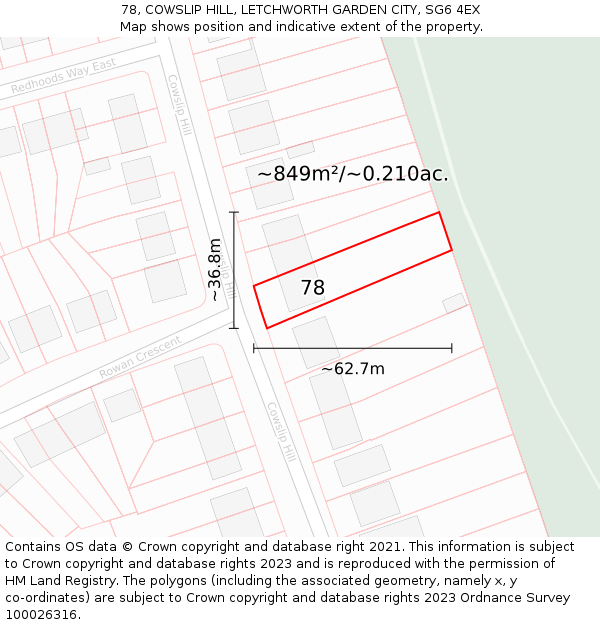 78, COWSLIP HILL, LETCHWORTH GARDEN CITY, SG6 4EX: Plot and title map