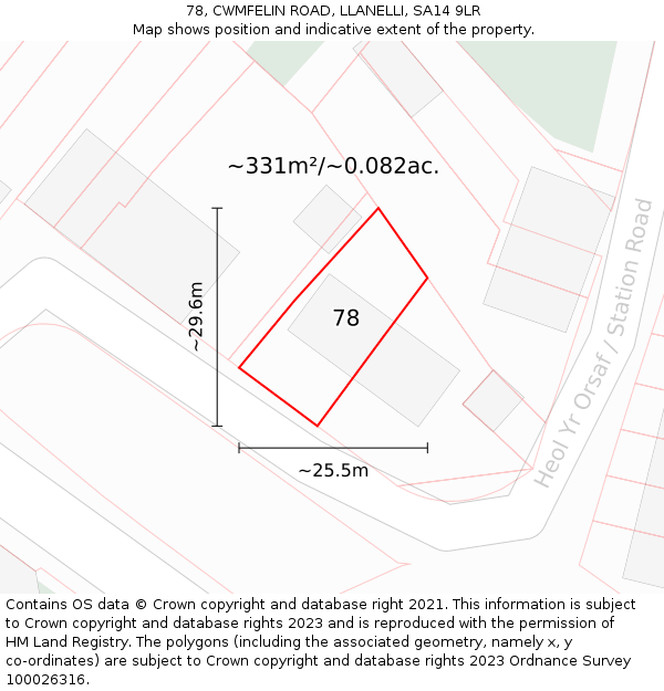 78, CWMFELIN ROAD, LLANELLI, SA14 9LR: Plot and title map