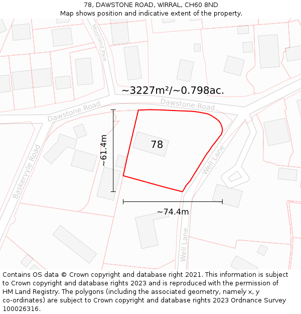 78, DAWSTONE ROAD, WIRRAL, CH60 8ND: Plot and title map