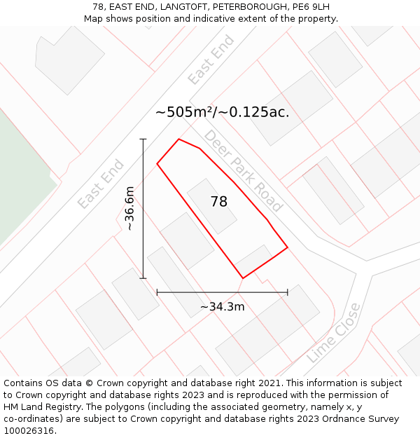 78, EAST END, LANGTOFT, PETERBOROUGH, PE6 9LH: Plot and title map