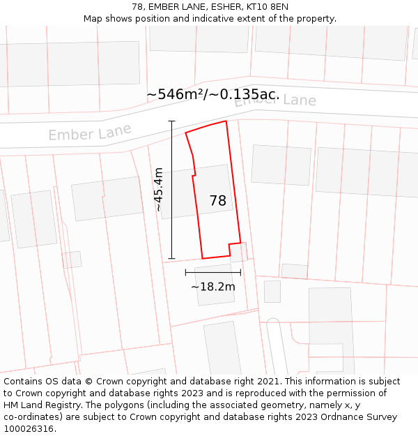 78, EMBER LANE, ESHER, KT10 8EN: Plot and title map