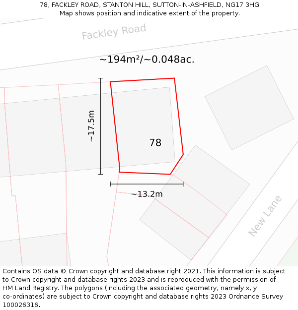 78, FACKLEY ROAD, STANTON HILL, SUTTON-IN-ASHFIELD, NG17 3HG: Plot and title map