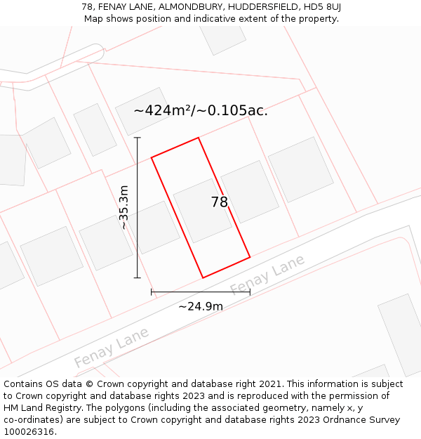 78, FENAY LANE, ALMONDBURY, HUDDERSFIELD, HD5 8UJ: Plot and title map