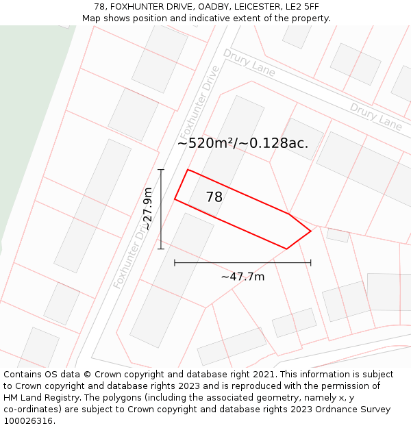 78, FOXHUNTER DRIVE, OADBY, LEICESTER, LE2 5FF: Plot and title map