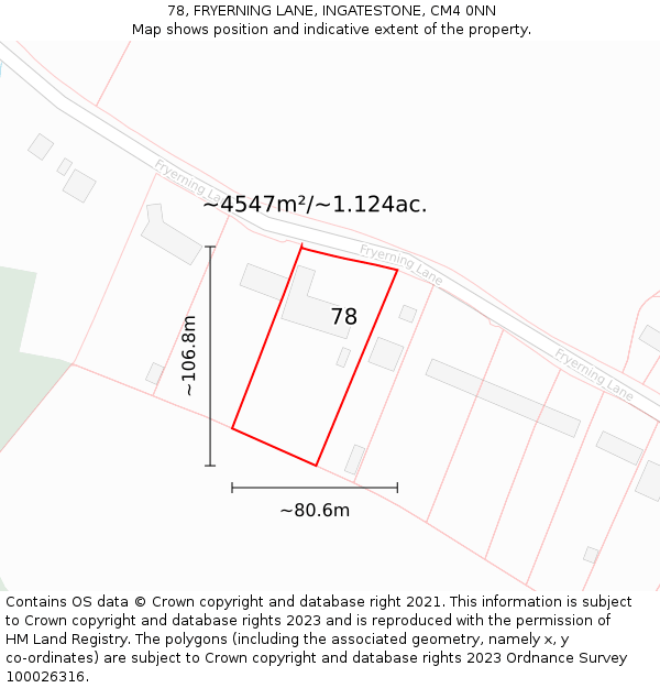 78, FRYERNING LANE, INGATESTONE, CM4 0NN: Plot and title map