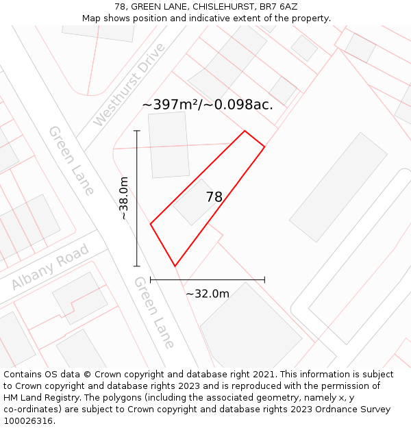 78, GREEN LANE, CHISLEHURST, BR7 6AZ: Plot and title map