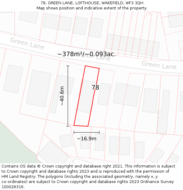 78, GREEN LANE, LOFTHOUSE, WAKEFIELD, WF3 3QH: Plot and title map