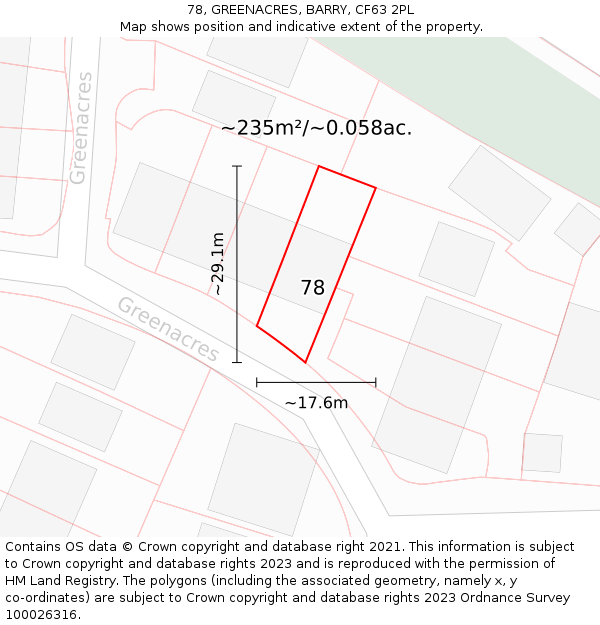 78, GREENACRES, BARRY, CF63 2PL: Plot and title map