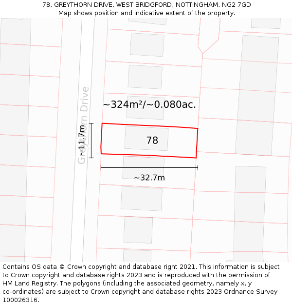 78, GREYTHORN DRIVE, WEST BRIDGFORD, NOTTINGHAM, NG2 7GD: Plot and title map