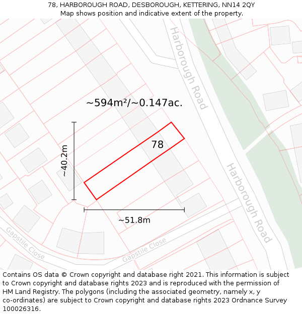 78, HARBOROUGH ROAD, DESBOROUGH, KETTERING, NN14 2QY: Plot and title map