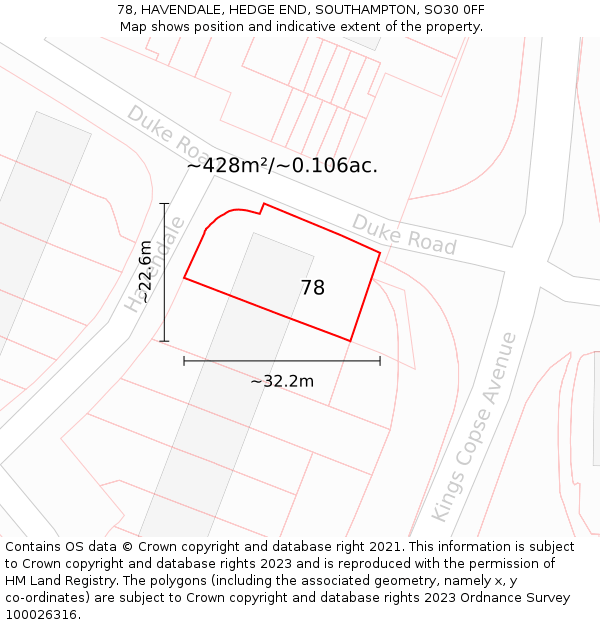 78, HAVENDALE, HEDGE END, SOUTHAMPTON, SO30 0FF: Plot and title map