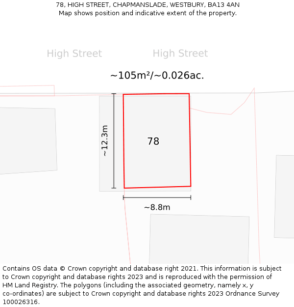 78, HIGH STREET, CHAPMANSLADE, WESTBURY, BA13 4AN: Plot and title map