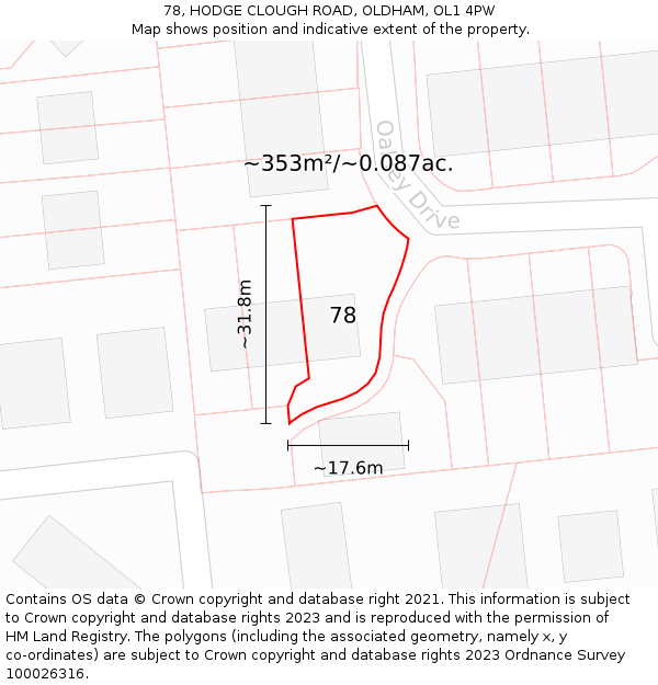 78, HODGE CLOUGH ROAD, OLDHAM, OL1 4PW: Plot and title map