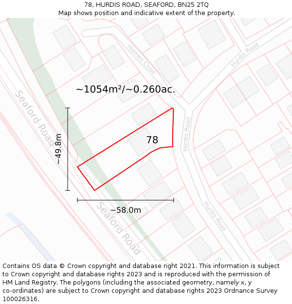 78, HURDIS ROAD, SEAFORD, BN25 2TQ: Plot and title map