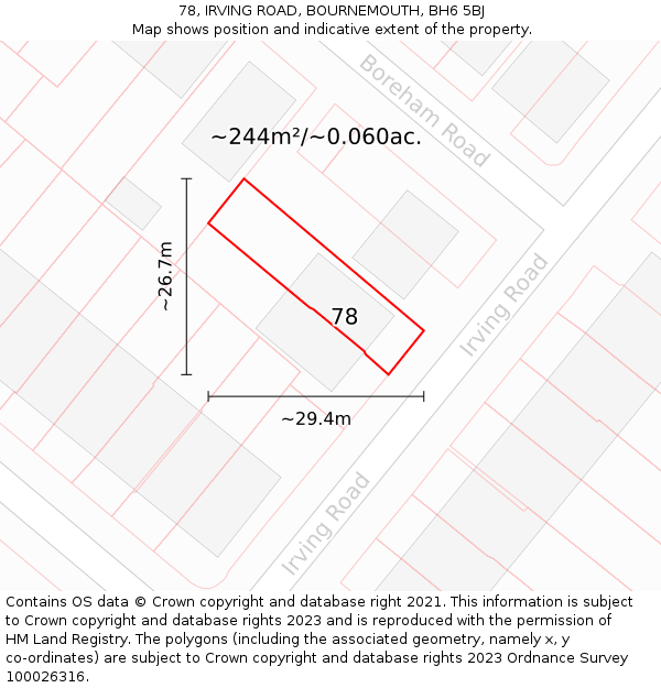 78, IRVING ROAD, BOURNEMOUTH, BH6 5BJ: Plot and title map