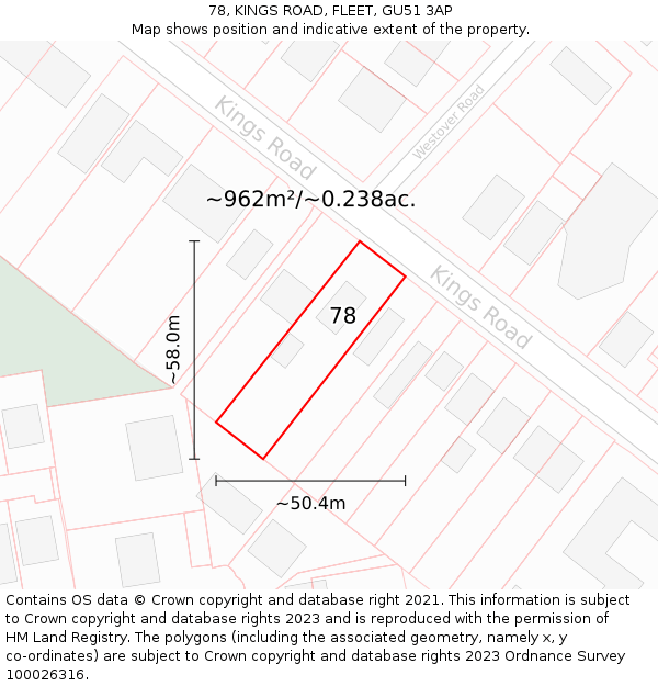 78, KINGS ROAD, FLEET, GU51 3AP: Plot and title map