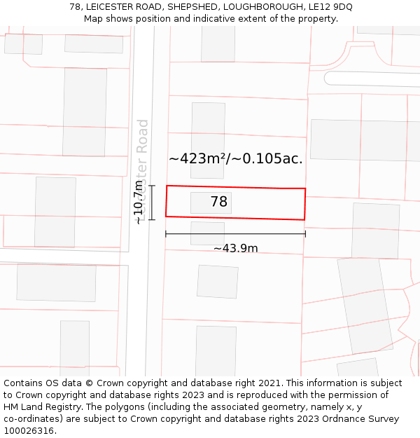 78, LEICESTER ROAD, SHEPSHED, LOUGHBOROUGH, LE12 9DQ: Plot and title map