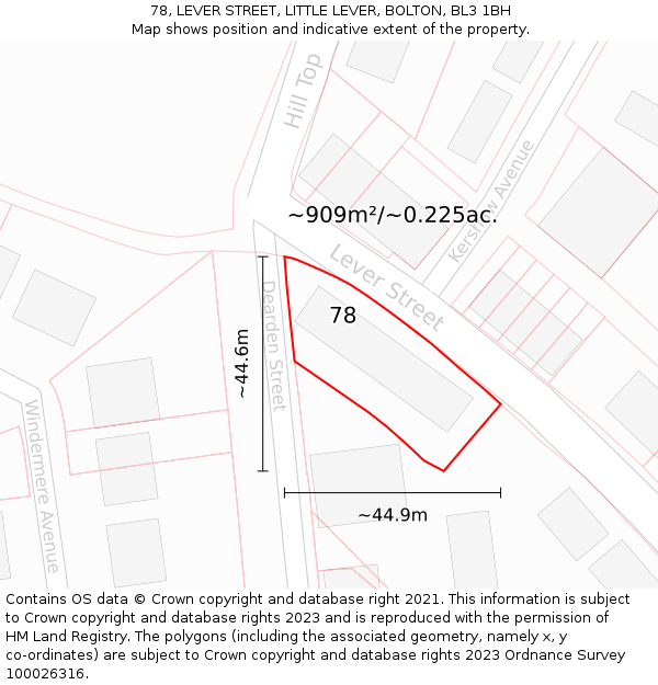 78, LEVER STREET, LITTLE LEVER, BOLTON, BL3 1BH: Plot and title map