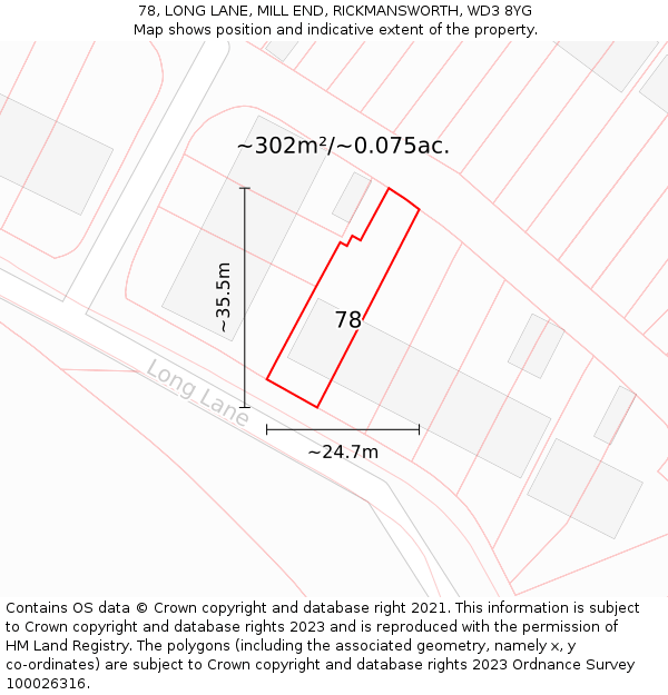 78, LONG LANE, MILL END, RICKMANSWORTH, WD3 8YG: Plot and title map