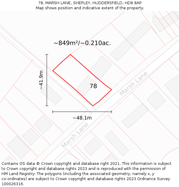 78, MARSH LANE, SHEPLEY, HUDDERSFIELD, HD8 8AP: Plot and title map