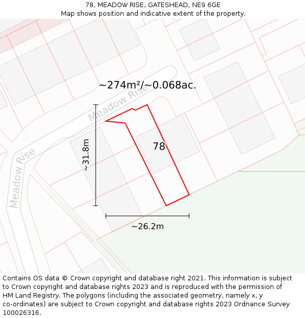 78, MEADOW RISE, GATESHEAD, NE9 6GE: Plot and title map