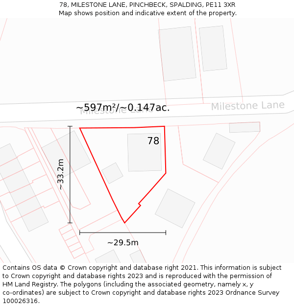 78, MILESTONE LANE, PINCHBECK, SPALDING, PE11 3XR: Plot and title map