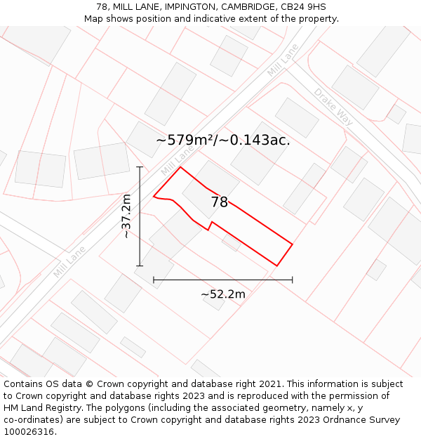 78, MILL LANE, IMPINGTON, CAMBRIDGE, CB24 9HS: Plot and title map