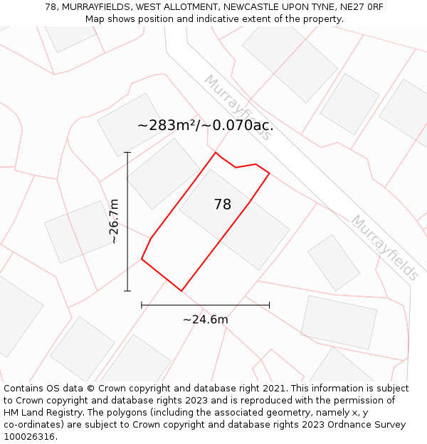 78, MURRAYFIELDS, WEST ALLOTMENT, NEWCASTLE UPON TYNE, NE27 0RF: Plot and title map