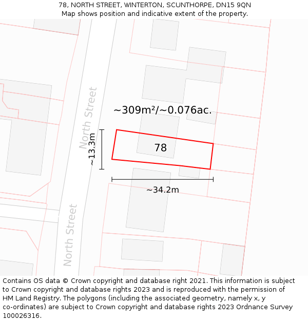 78, NORTH STREET, WINTERTON, SCUNTHORPE, DN15 9QN: Plot and title map