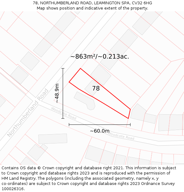 78, NORTHUMBERLAND ROAD, LEAMINGTON SPA, CV32 6HG: Plot and title map