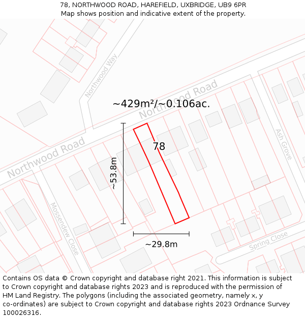 78, NORTHWOOD ROAD, HAREFIELD, UXBRIDGE, UB9 6PR: Plot and title map