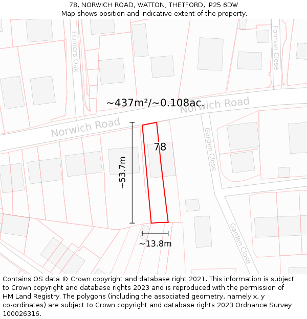 78, NORWICH ROAD, WATTON, THETFORD, IP25 6DW: Plot and title map