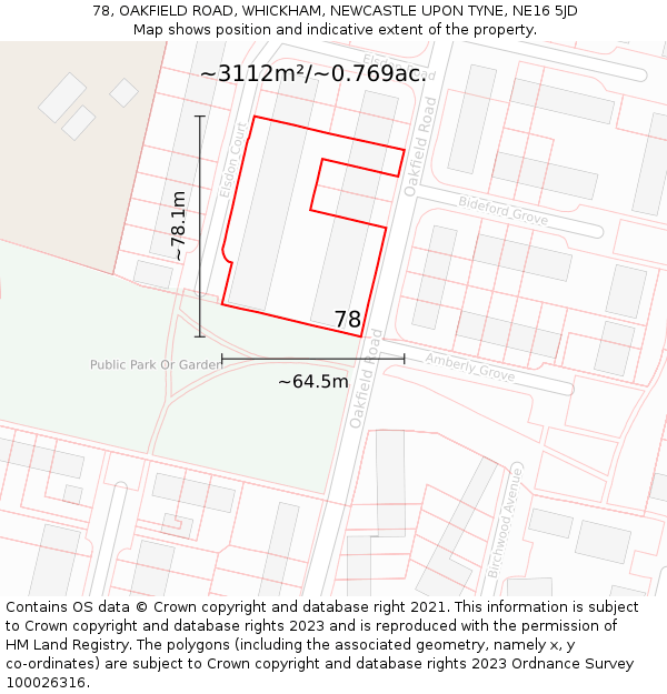 78, OAKFIELD ROAD, WHICKHAM, NEWCASTLE UPON TYNE, NE16 5JD: Plot and title map