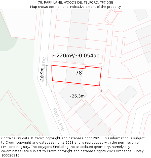 78, PARK LANE, WOODSIDE, TELFORD, TF7 5GB: Plot and title map