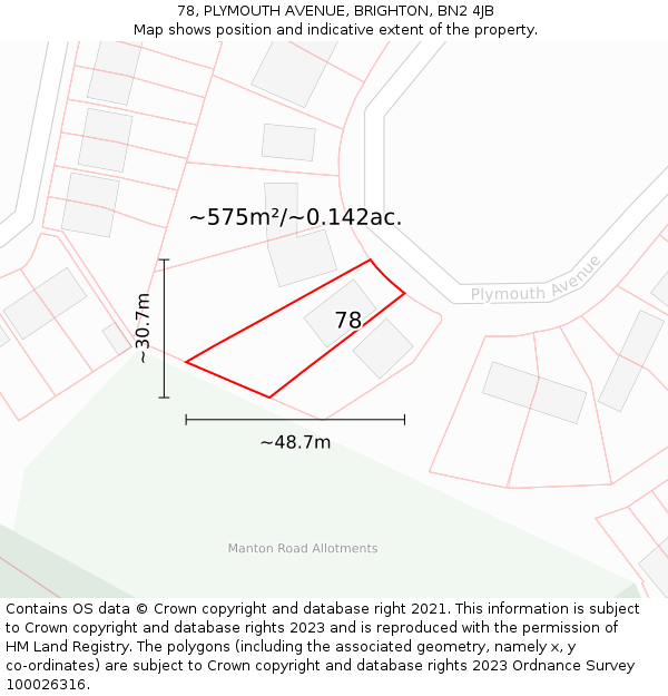 78, PLYMOUTH AVENUE, BRIGHTON, BN2 4JB: Plot and title map