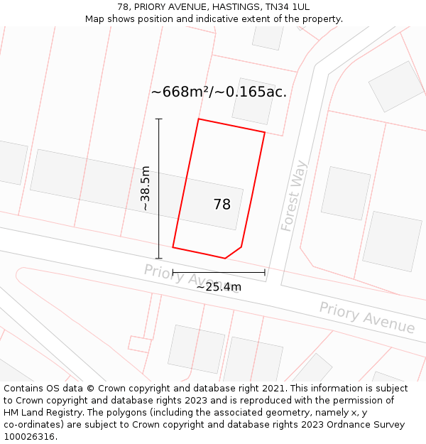 78, PRIORY AVENUE, HASTINGS, TN34 1UL: Plot and title map